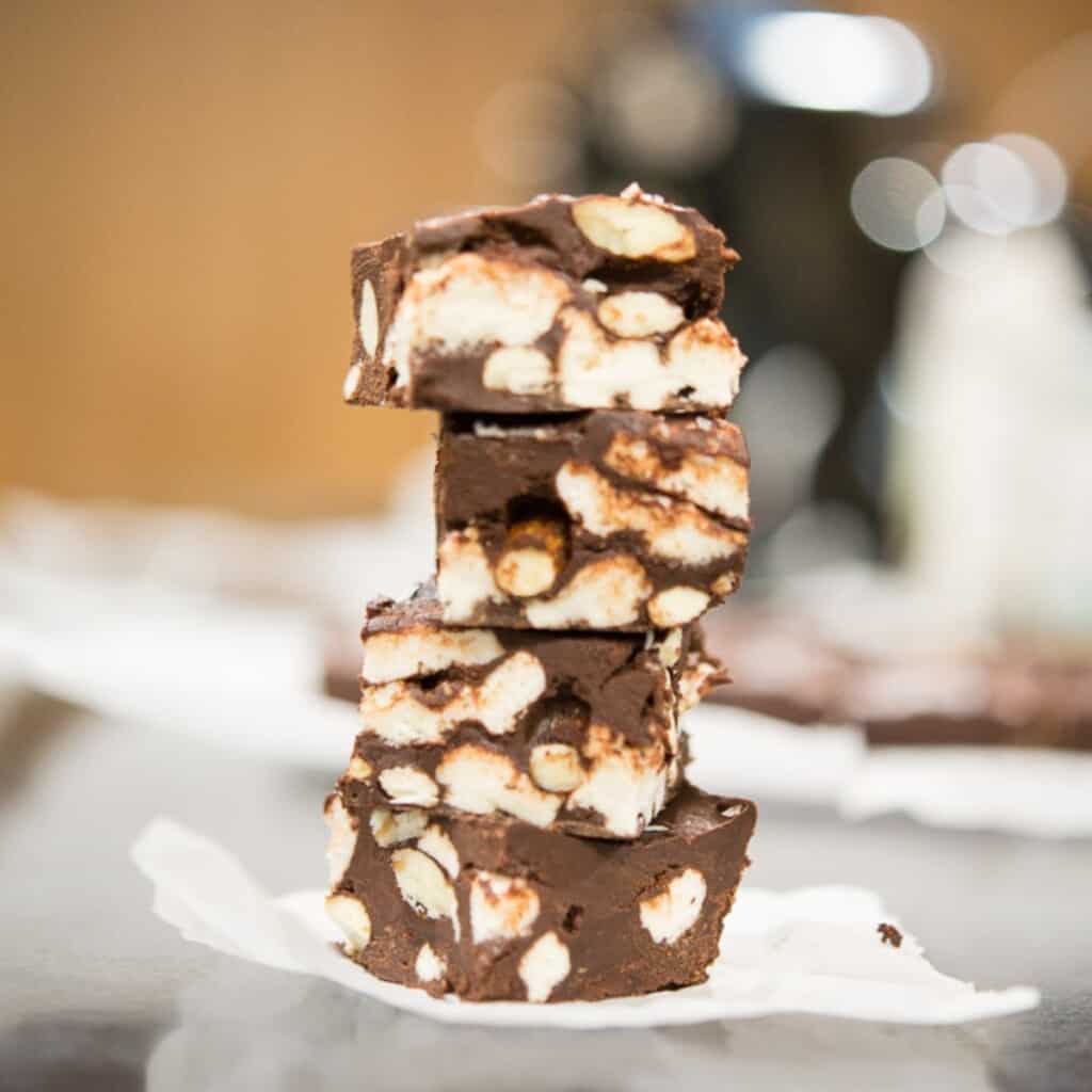 dairy free rocky road fudge squares in a stack