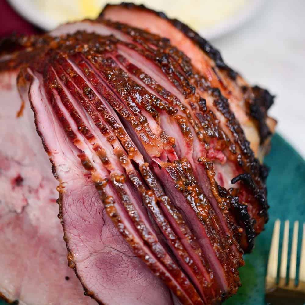 spiral sliced ham glazed with a maple mustard glaze