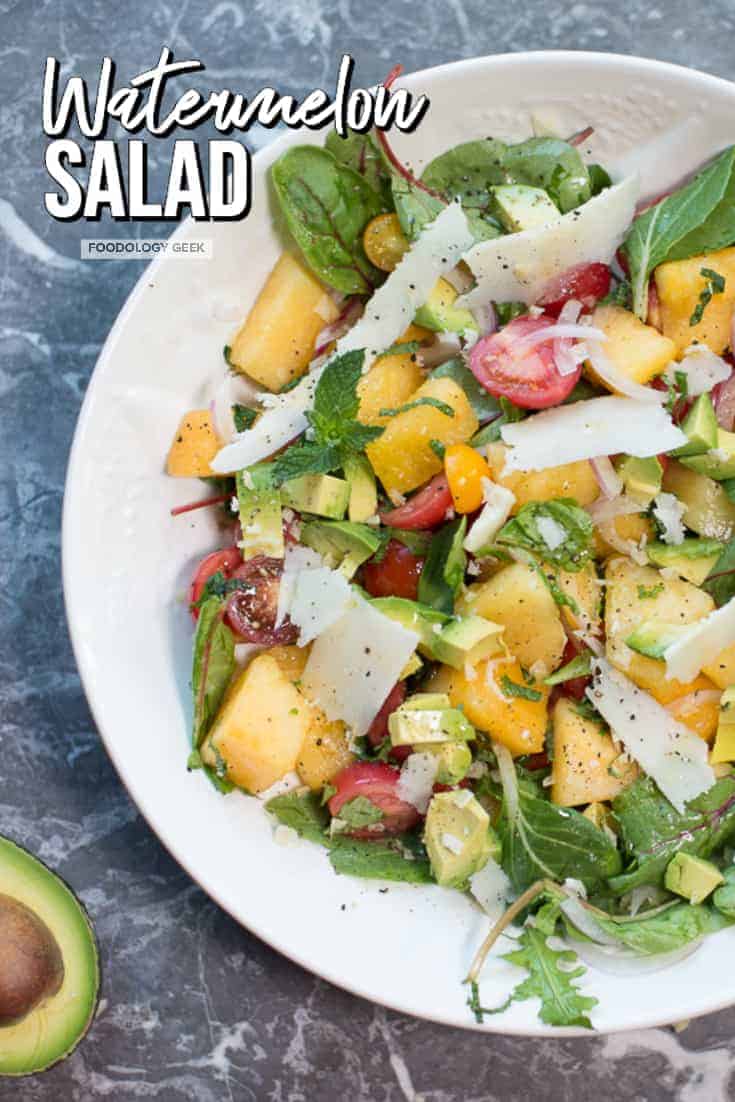 Watermelon Salad Recipe. pinterest image by foodology geek.com