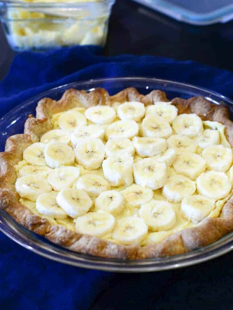 second layer of sliced bananas in a banana cream pie.