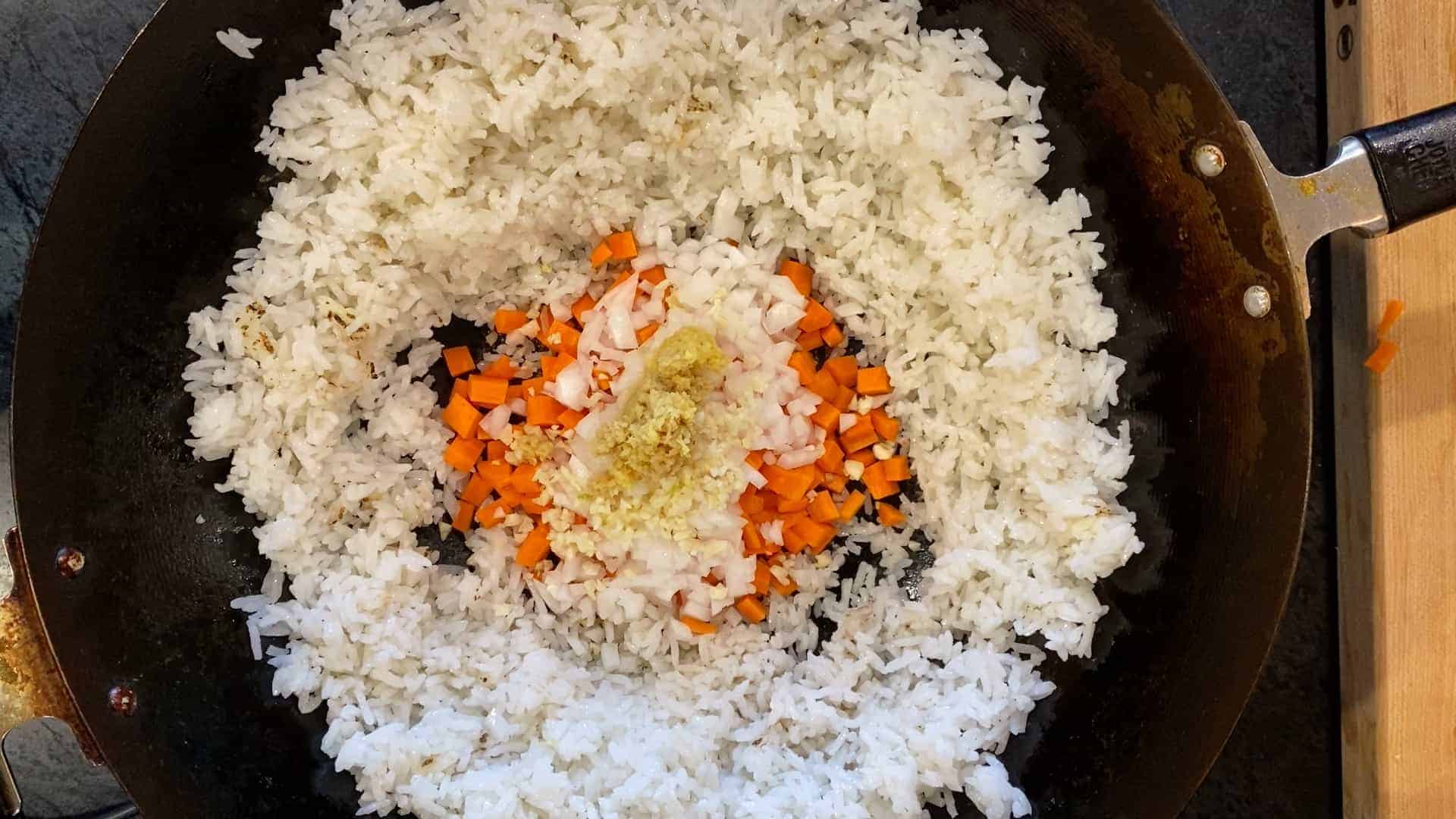 carrots, onions, ginger and garlic give the fried rice seasoning