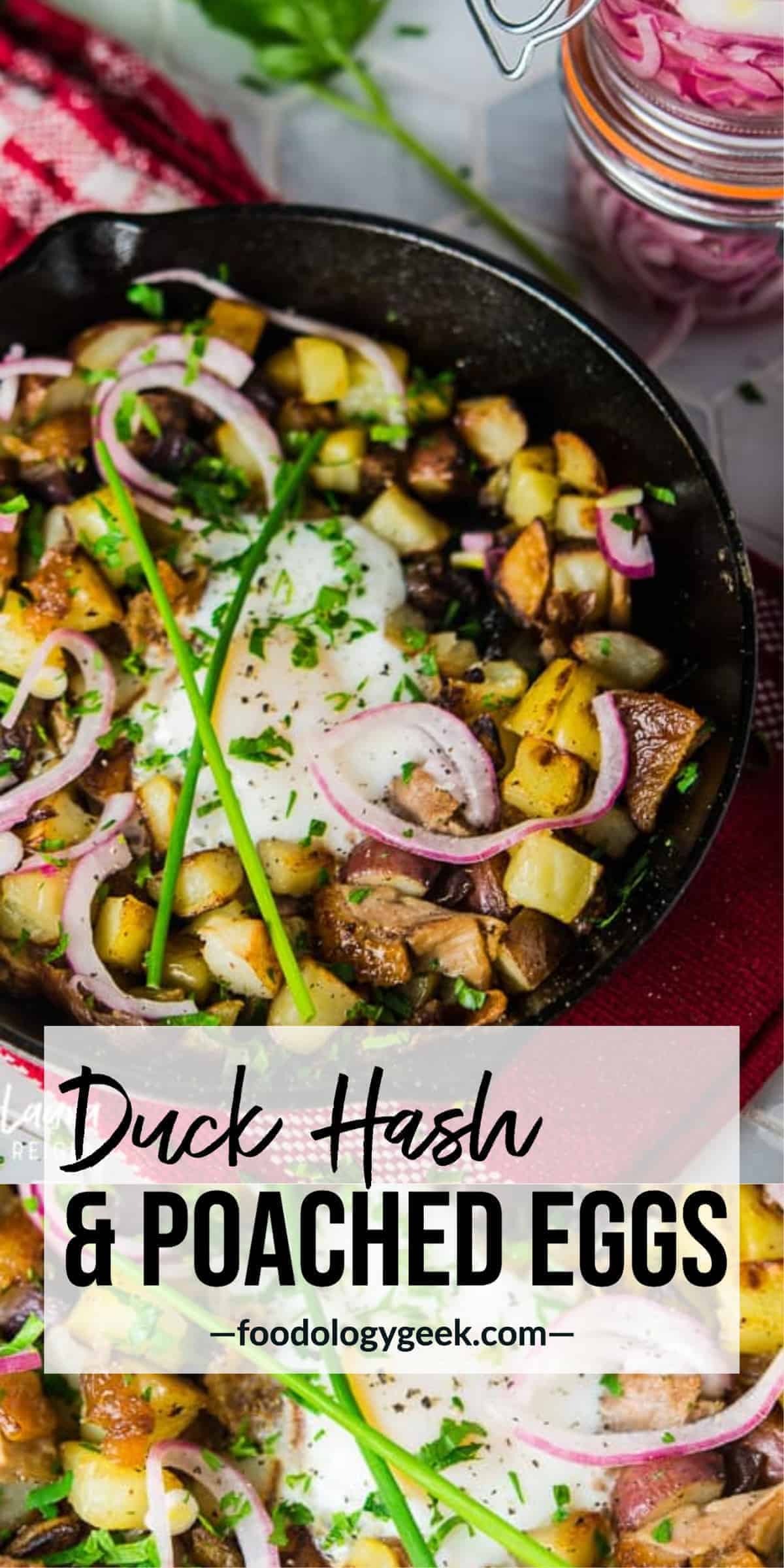 duck hash recipe with pickled red onions and poached eggs | foodologygeek