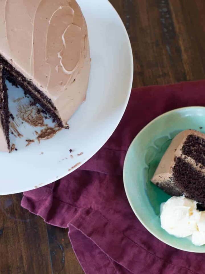 rich dark chocolate mocha cake with a fluffly chocolate whipped cream frosting