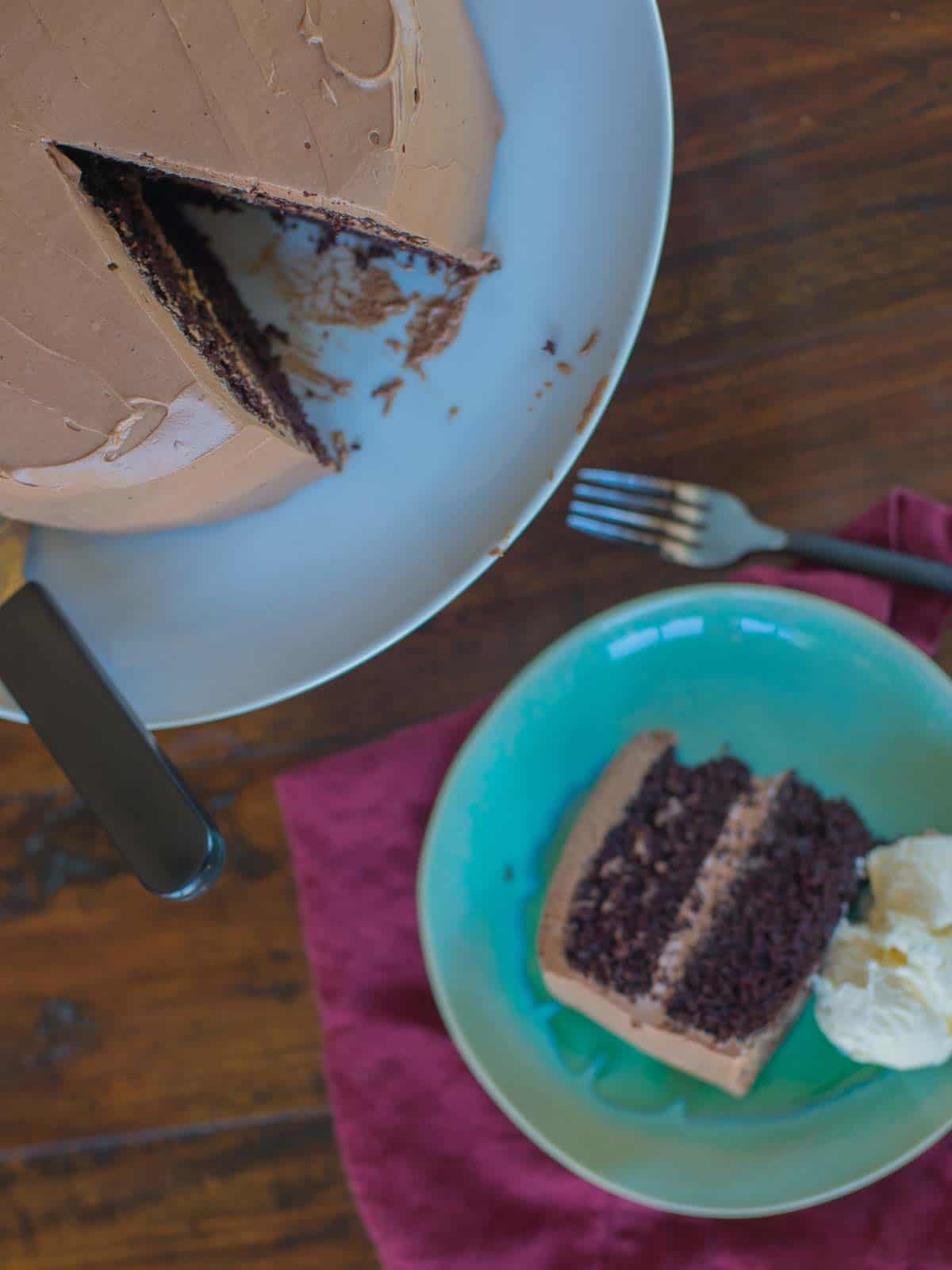 rich chocolate mocha cake recipe sliced and served with vanilla ice cream

