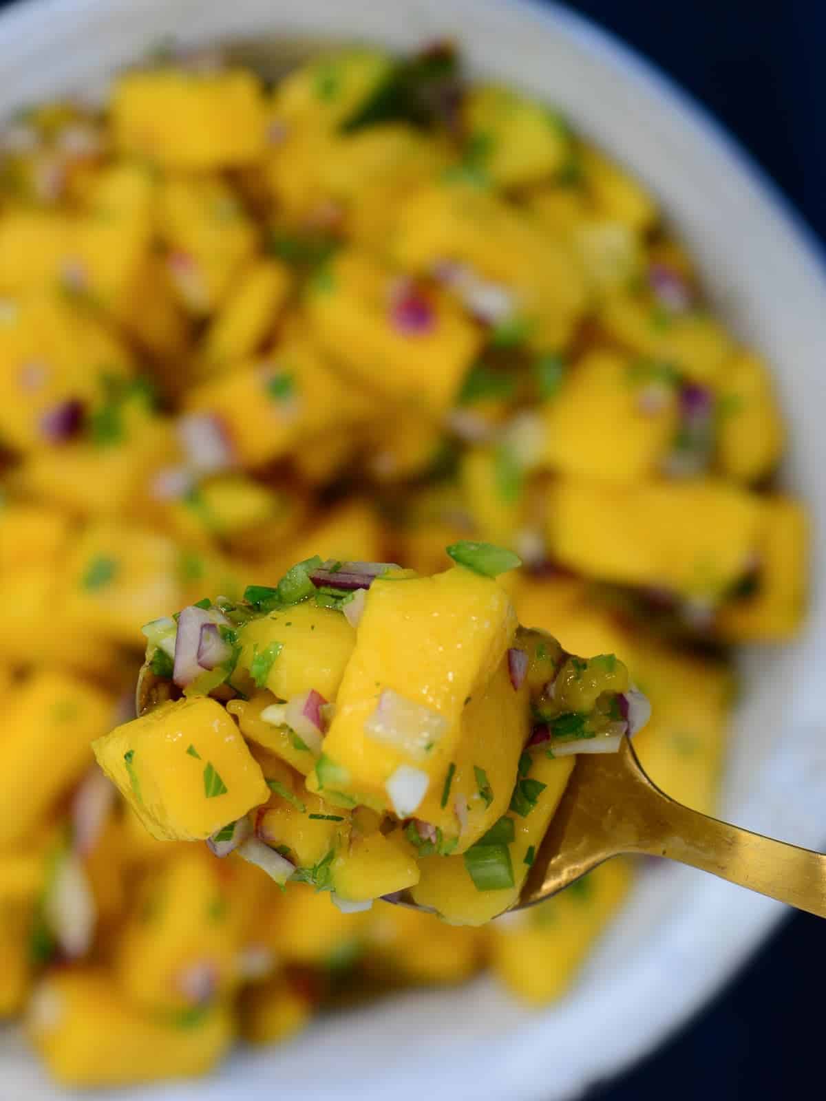 mango salsa on a gold spoon