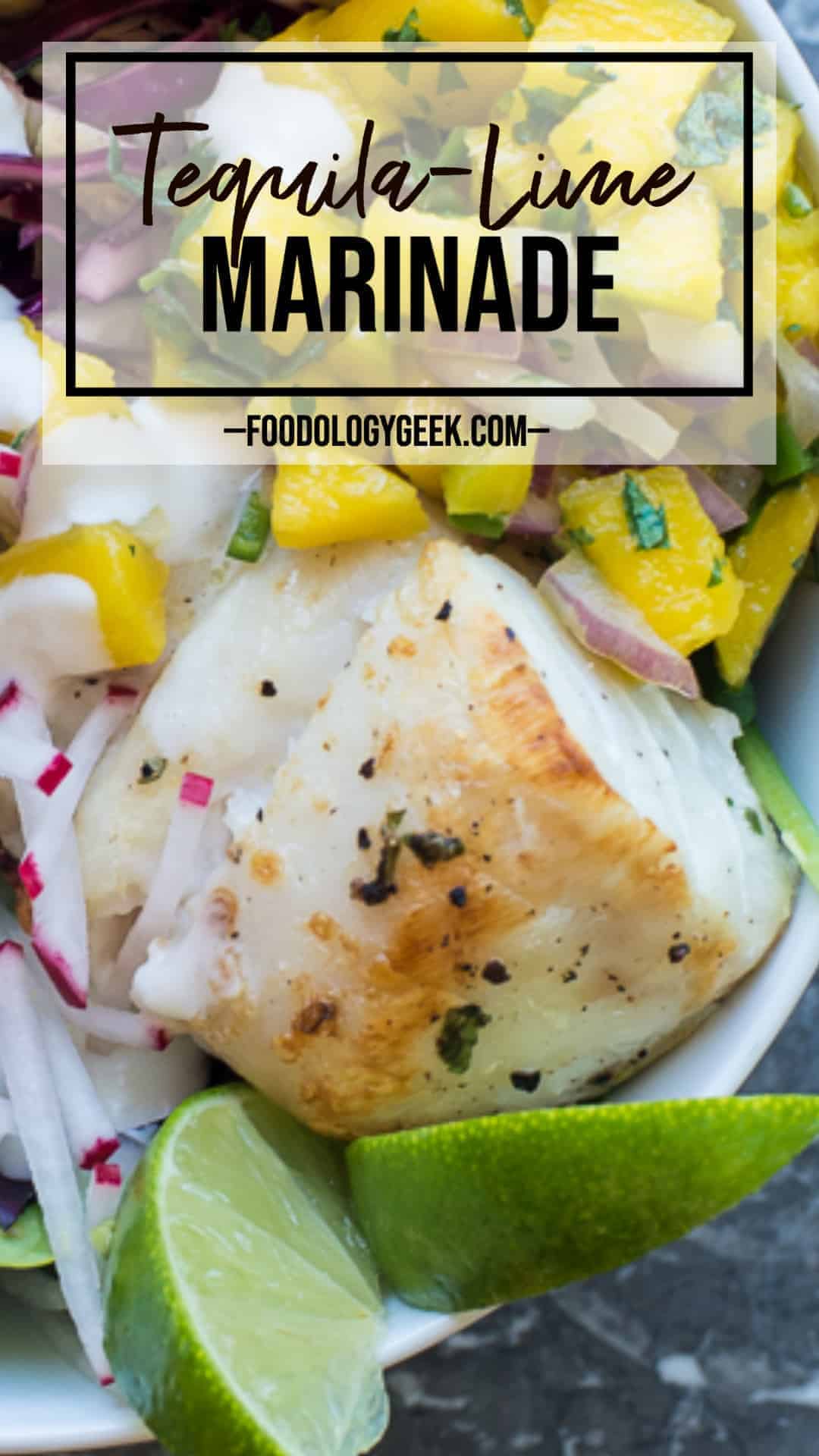 tequila lime marinated cod in a bowl with mango salsa and fresh limes