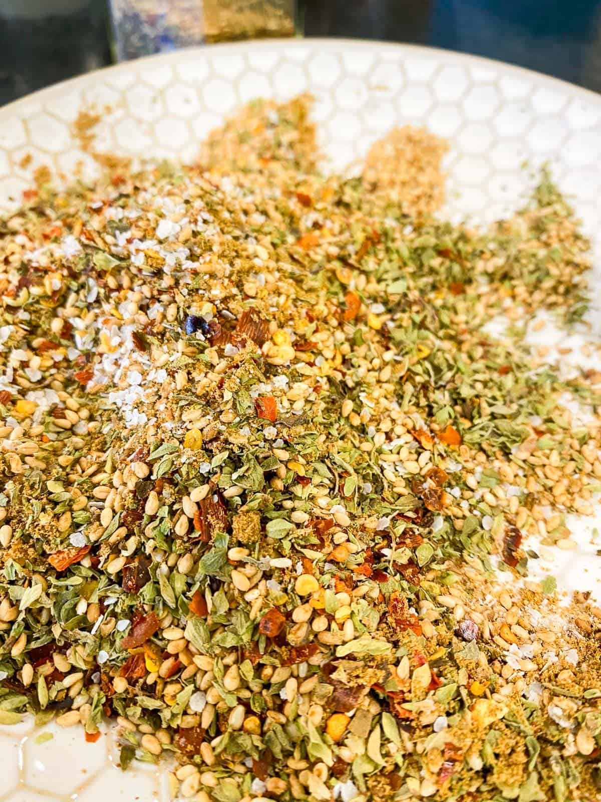 Mediterranean Seasoning on a plate ready to be stored in an airtight container. 