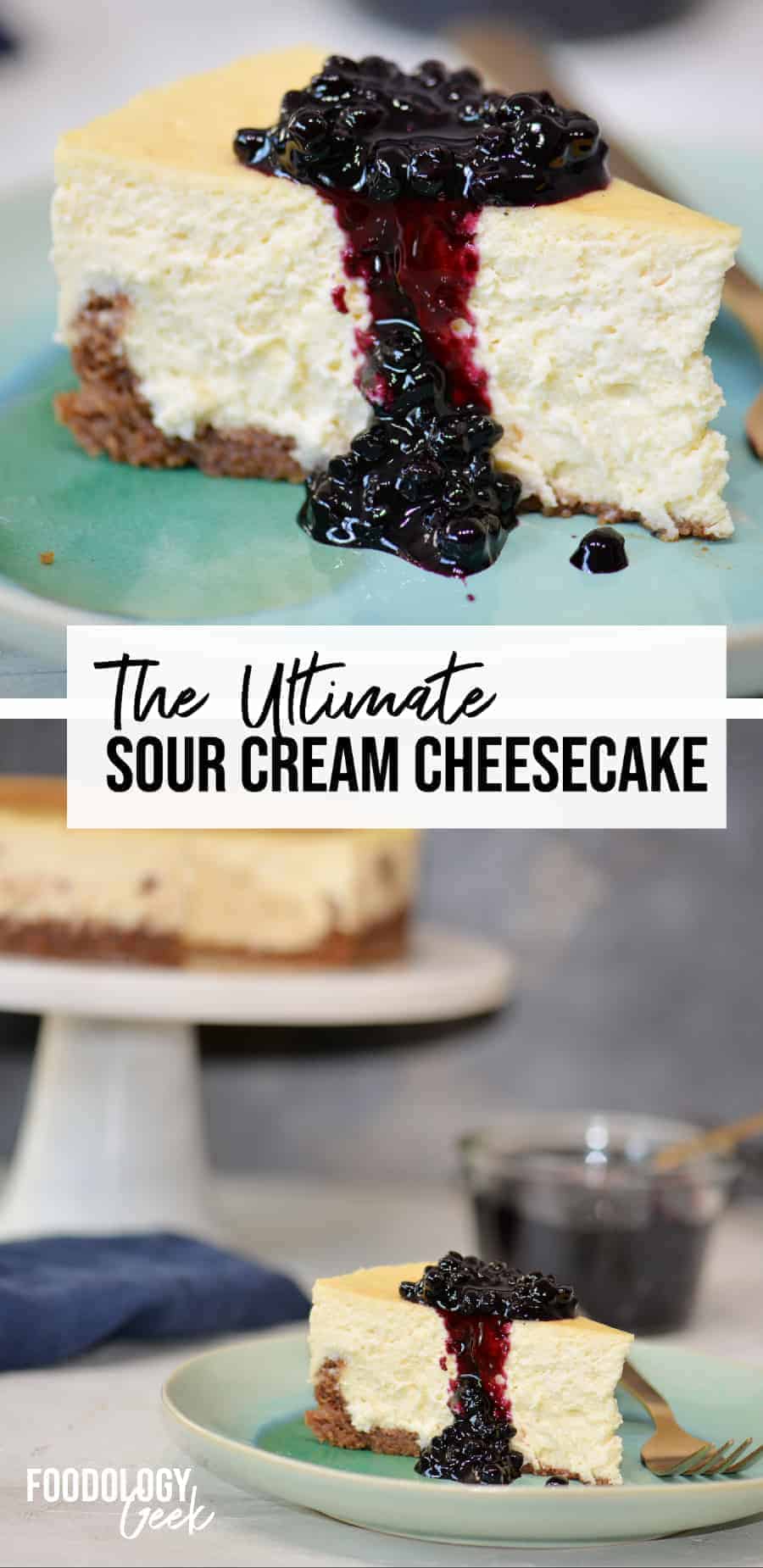 sour cream cheesecake with blueberry topping pinterest image