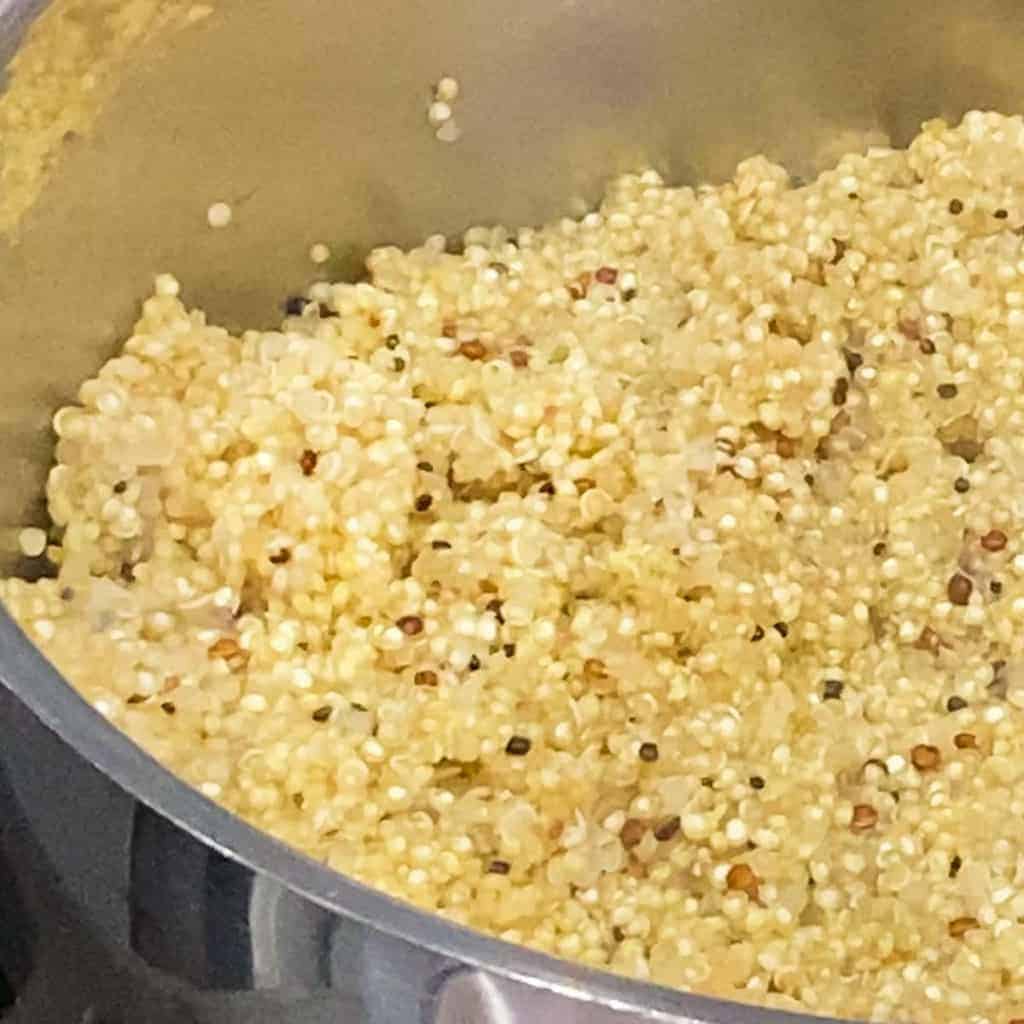 quinoa in a pan after all the liquid is absorbed during the cooking process. 