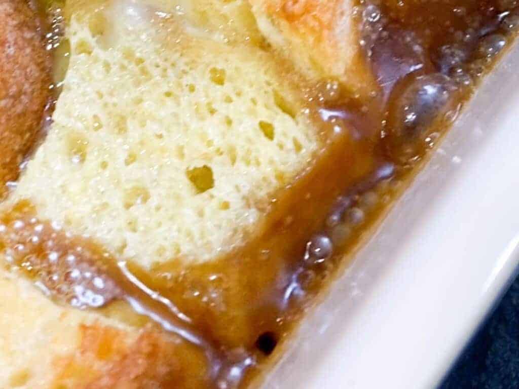 baked french toast casserole close up of the caramel sauce