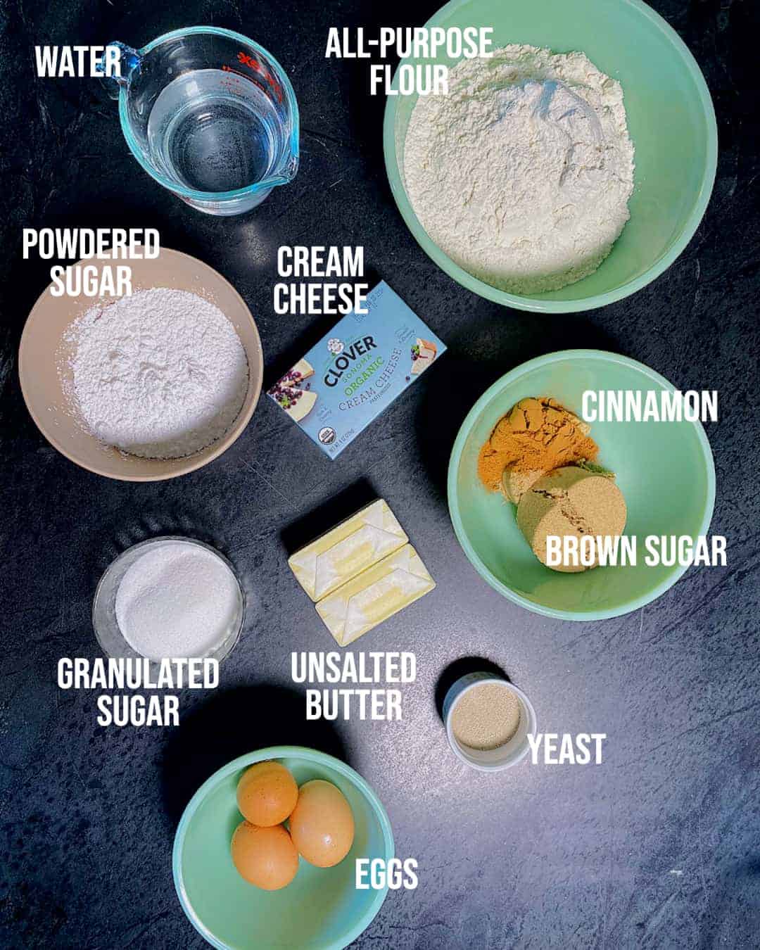 ingredients for cinnamon rolls and cinnamon roll icing