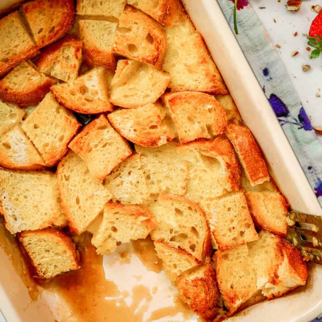 baked french toast with a slice cut out