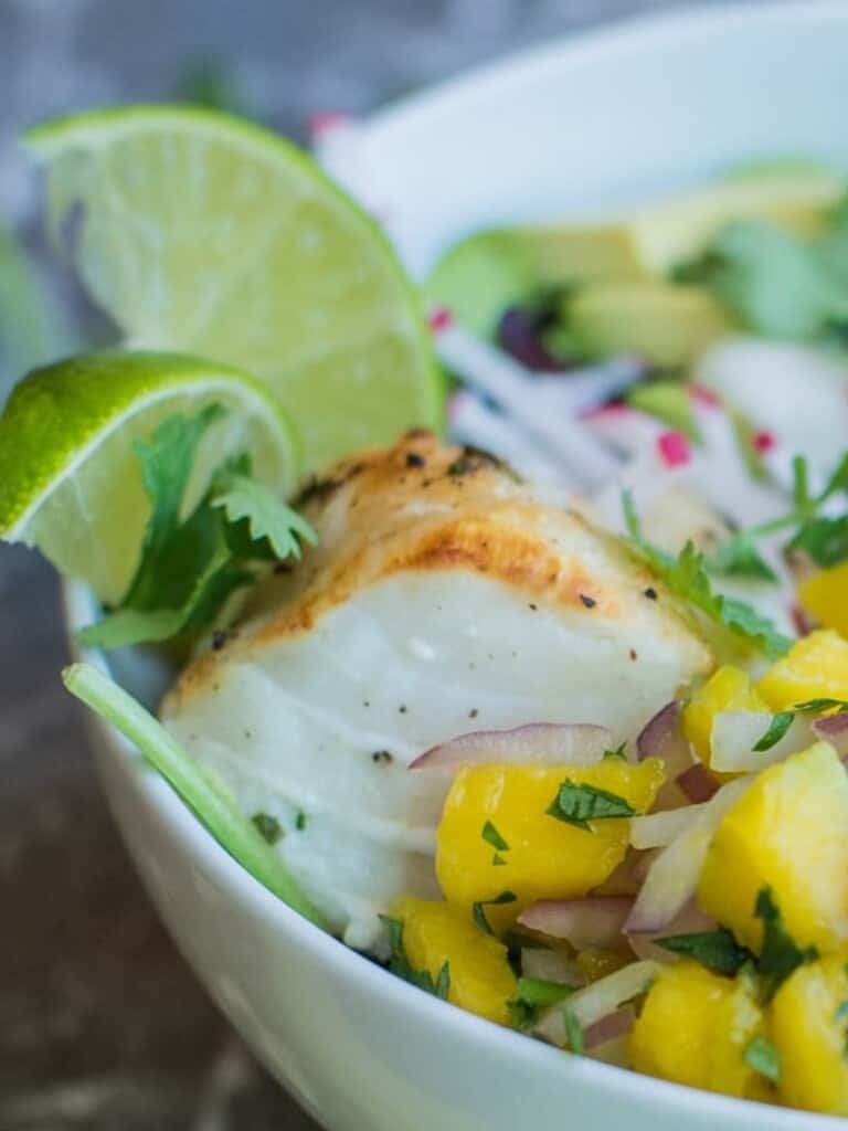 marinated cod in a fish taco bowl