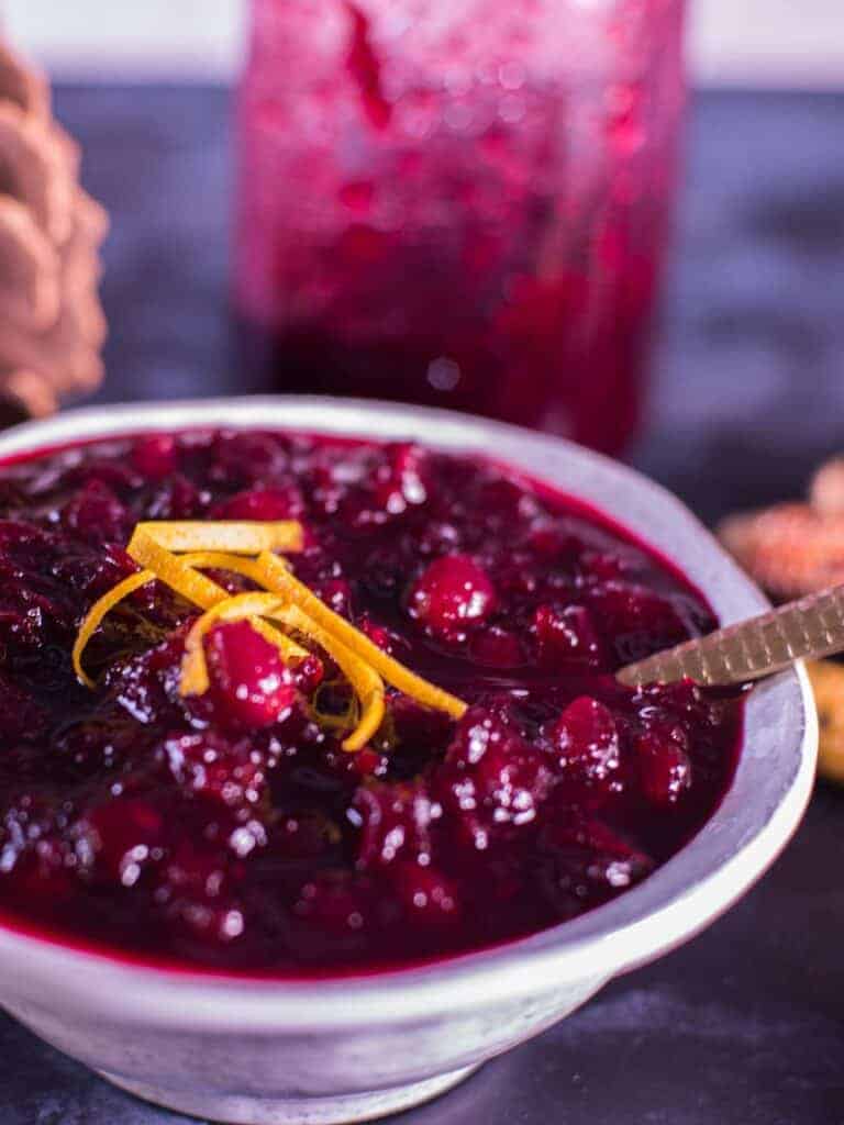 bowl of homemade cranberry sauce with orange