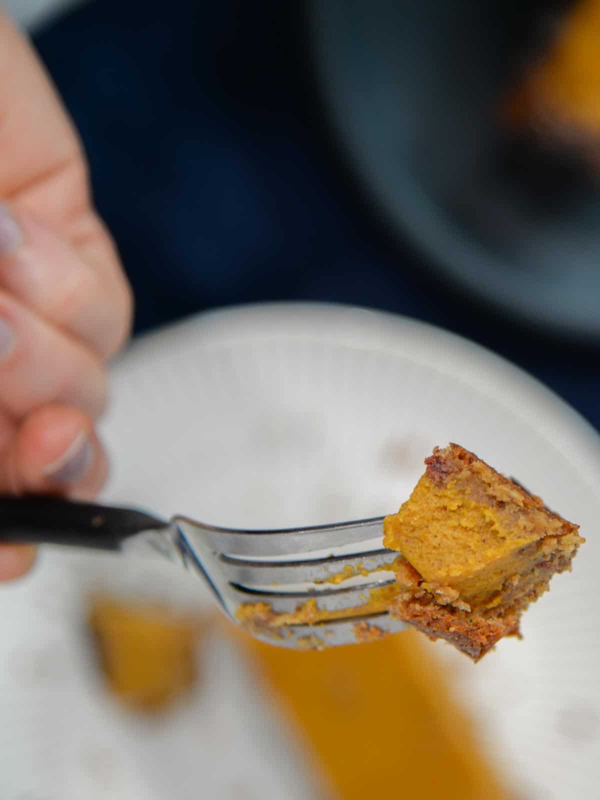 bit or vegan pumpkin pie on a fork