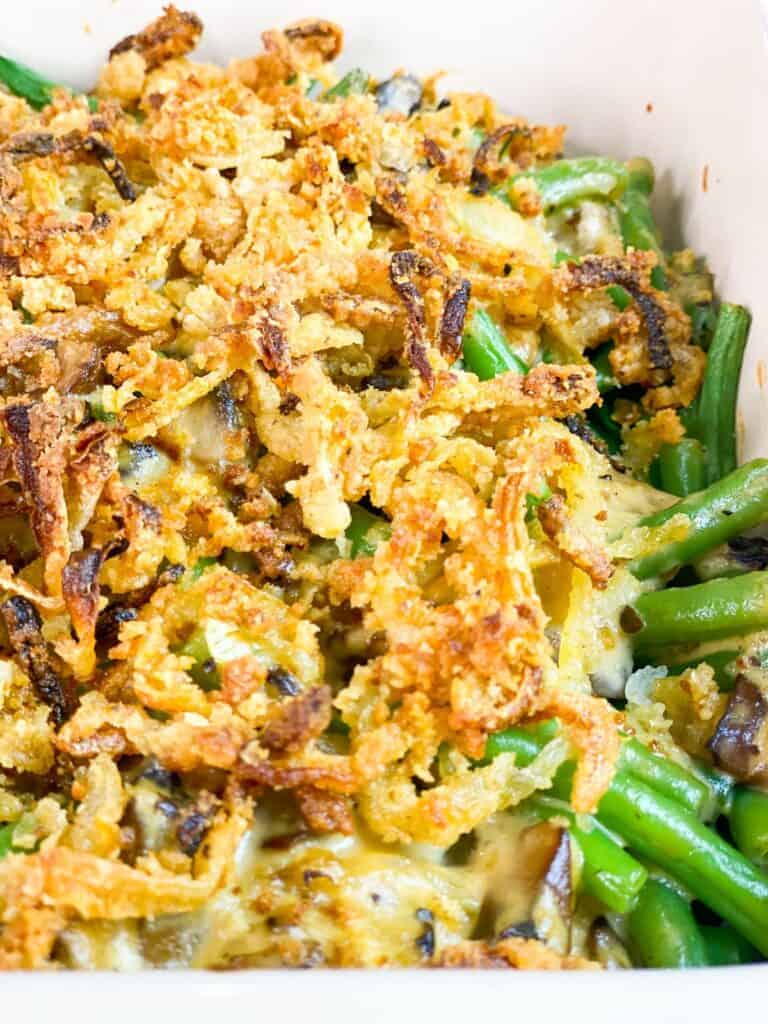 green bean casserole with homemade onion rings