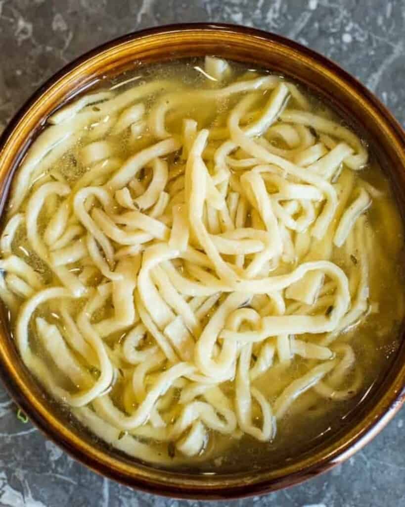 homemade dumpling noodles, from scratch, served in rich broth