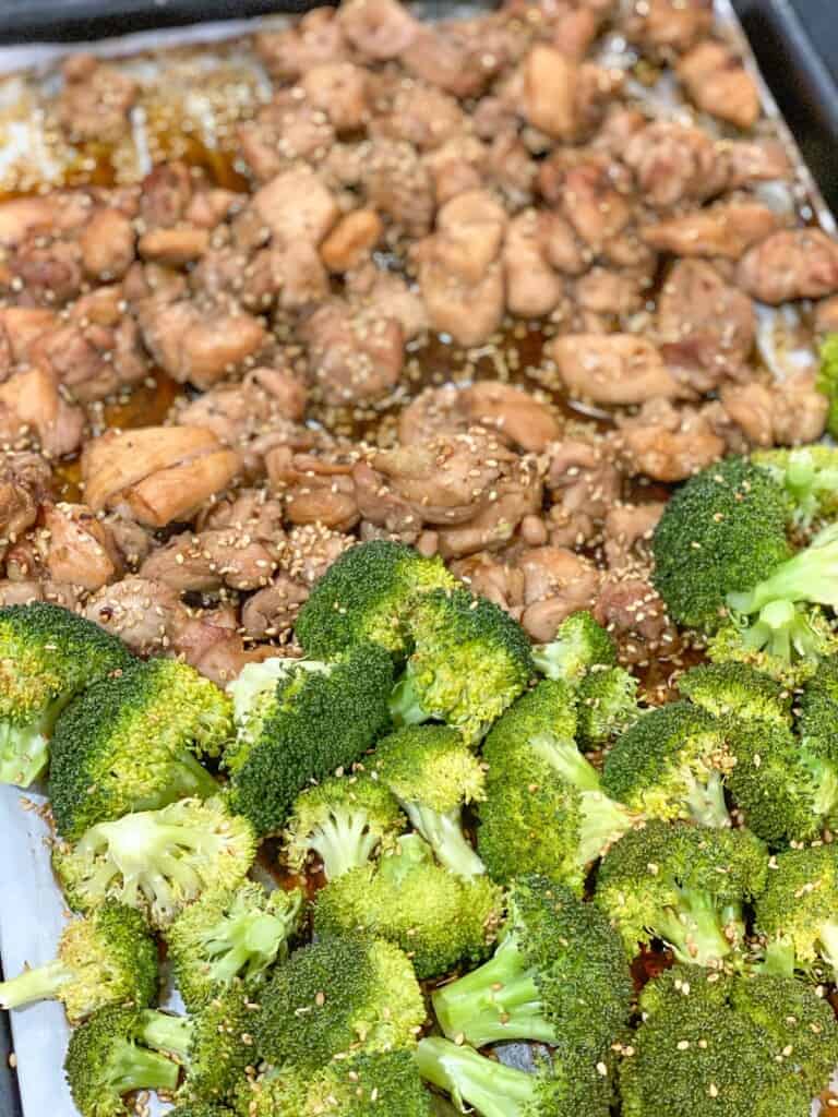 Sessame broccoli and chicken on a sheetpan