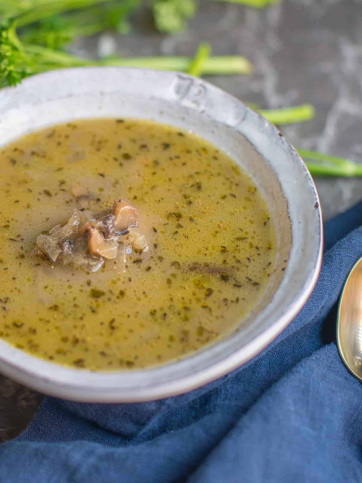 homemade cream of mushroom soup dairy free in a white bowl