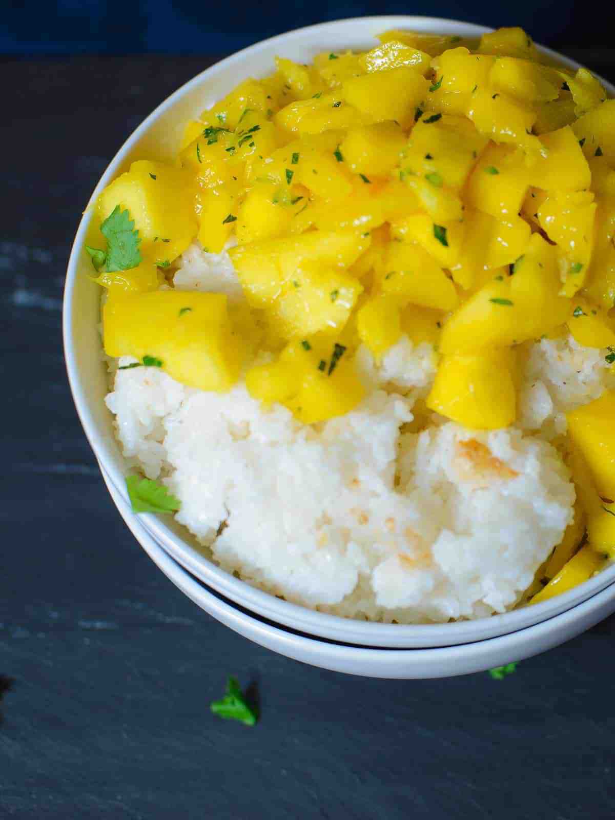 mango coconut rice in a bowl. coconut sticky rice topped with fresh mangoes.