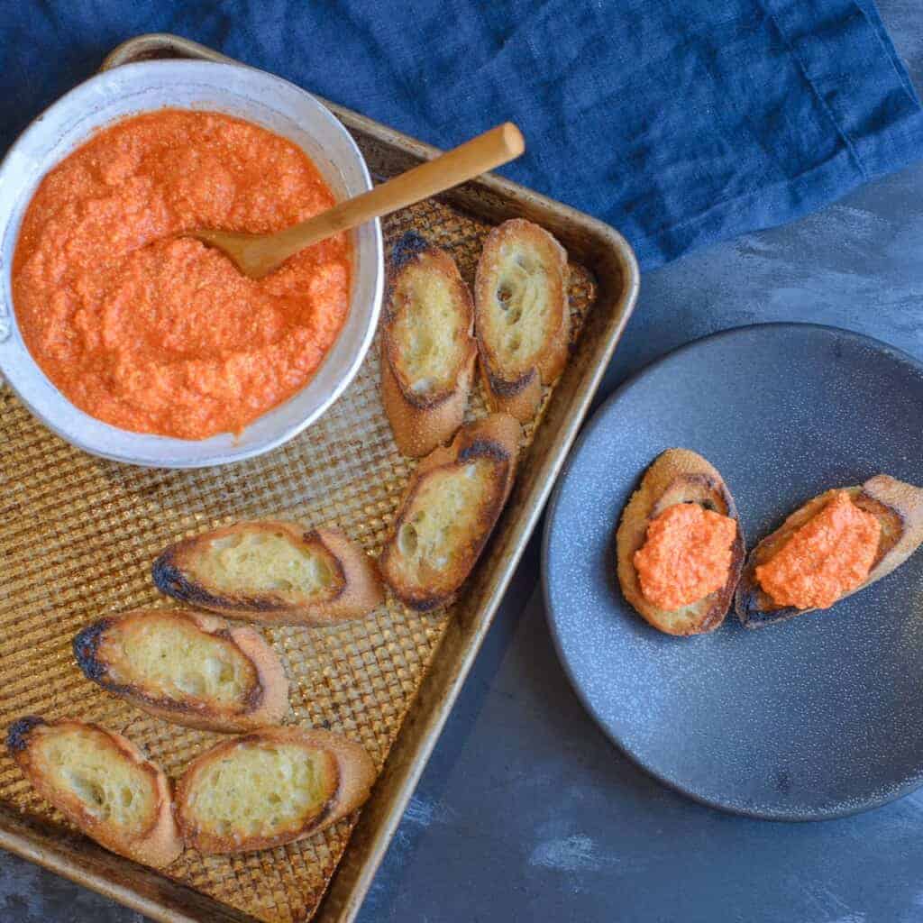 easy red pepper dip served with crostini