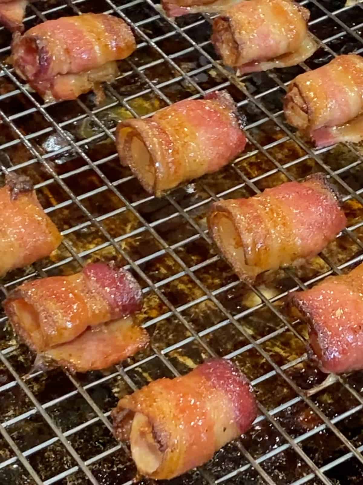 bacon wrapped shrimp, right out of the oven on a baking racks