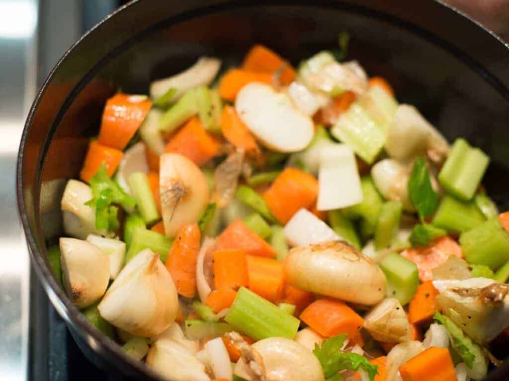 diced veggies for making wine braised beef short ribs