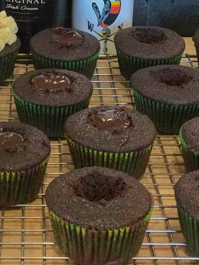 guinness cupcakes cored and filled with Jamesons whiskey ganache