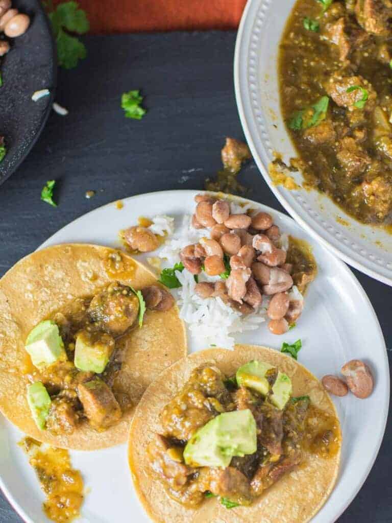 chili verde tacos on a plate