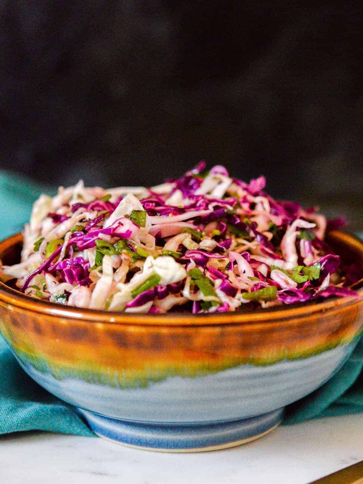 easy taco slaw recipe with red and green cabbage, perfect for fish tacos