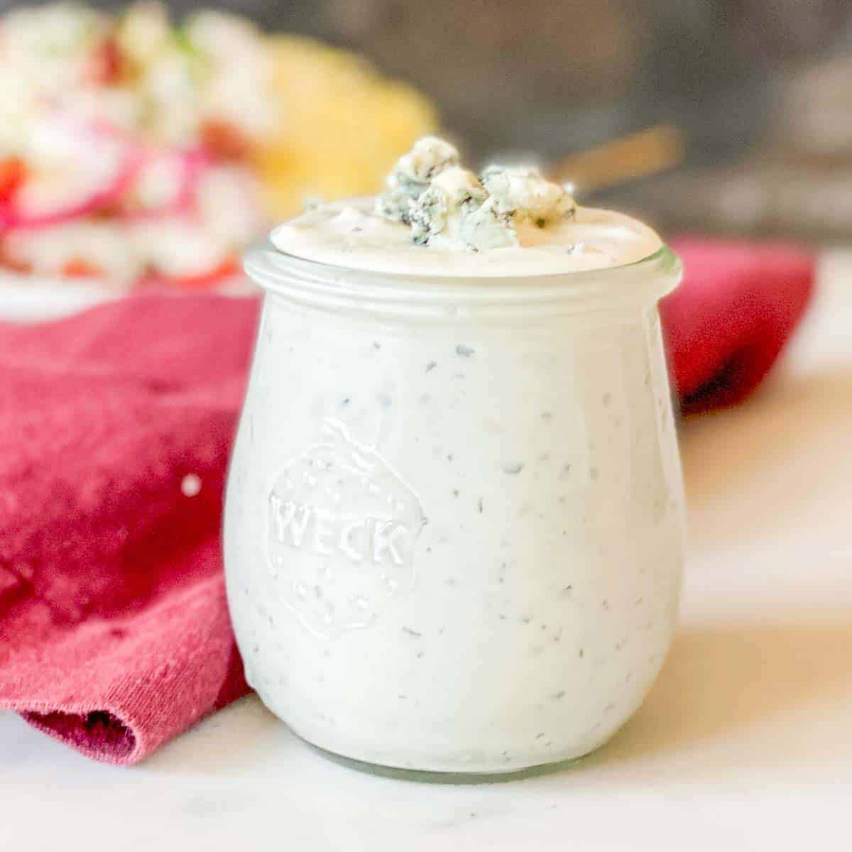 classic homemade blue cheese dressing in a weck jar