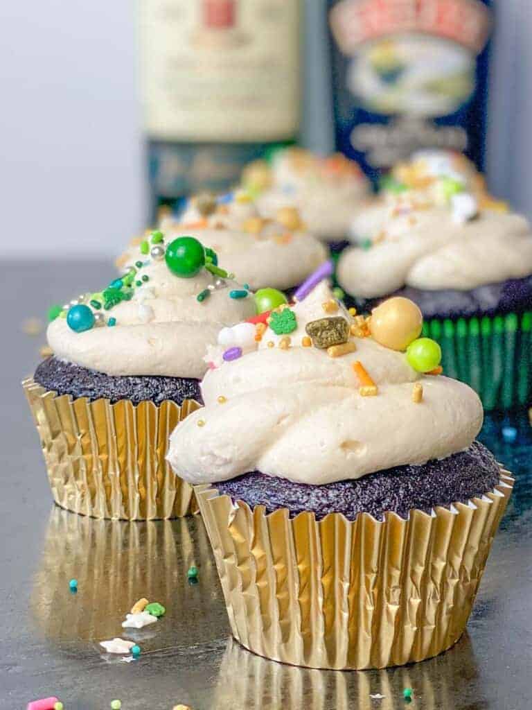 Guinness cupcakes with irish whiskey filling and baileys frosting