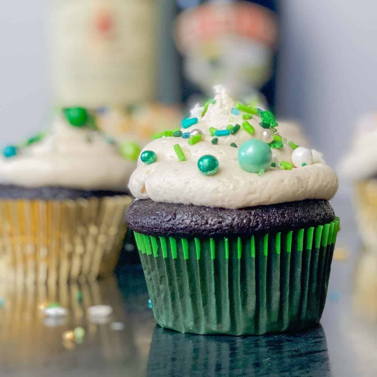 Guinness cupcakes with irish whiskey filling and baileys frosting