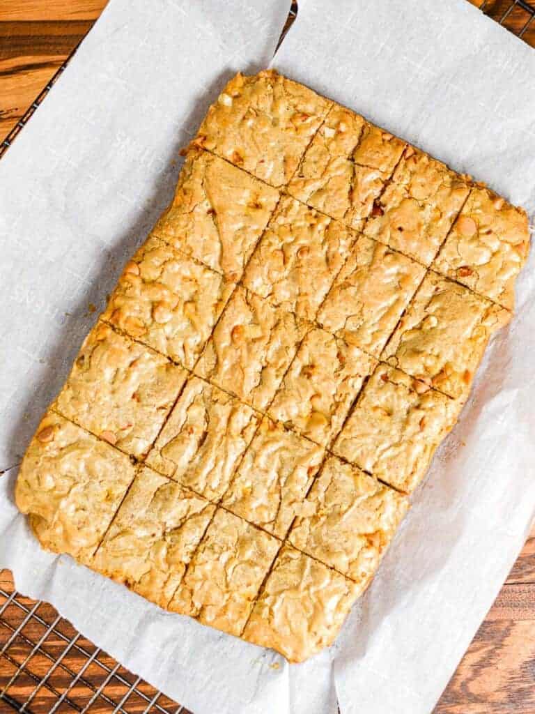 freh baked blondies cooking on a baking rack