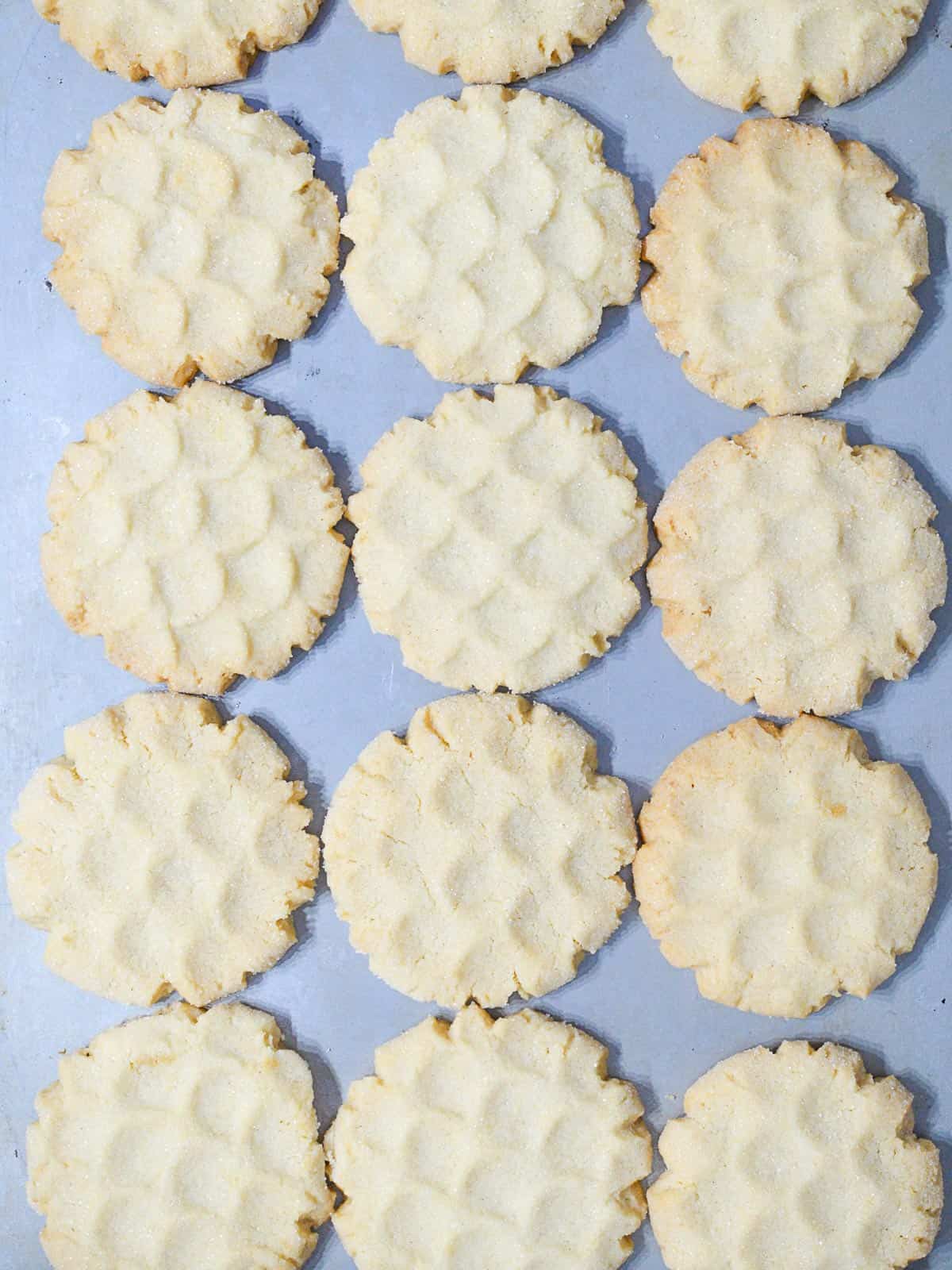 light an crispy sugar cookies on a baking sheet