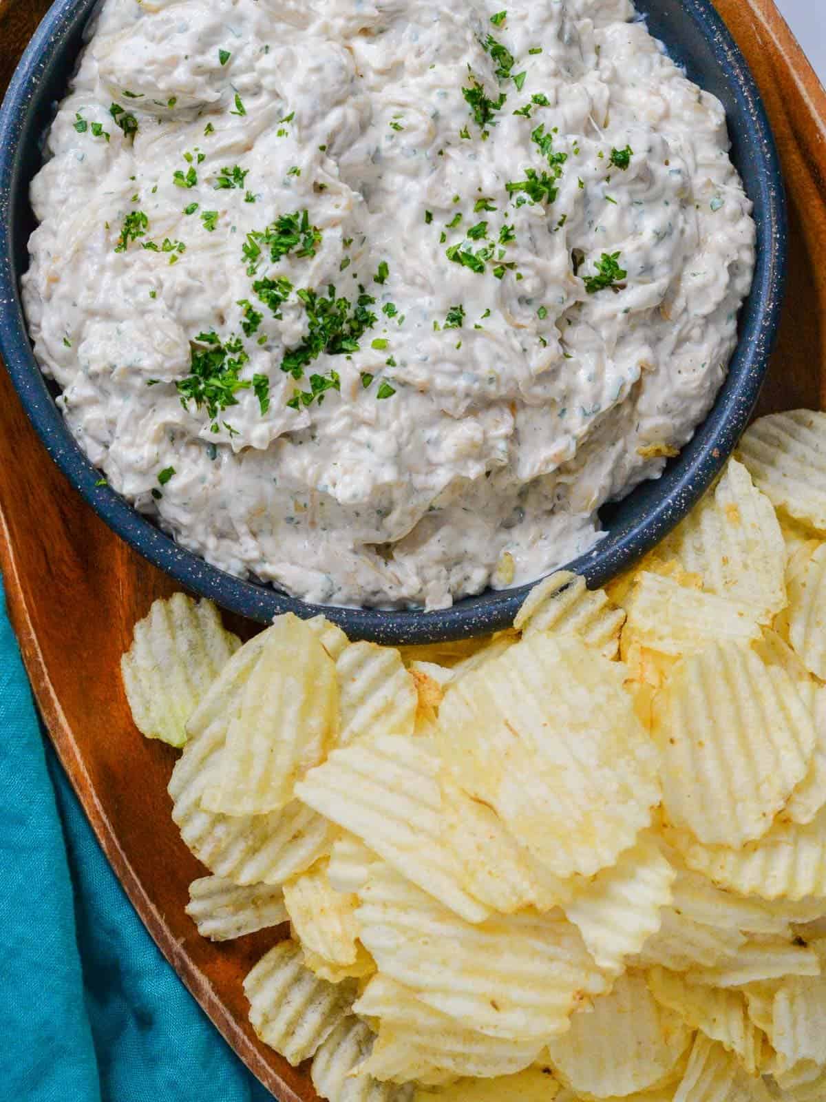 Home made french onion dip served with way lays