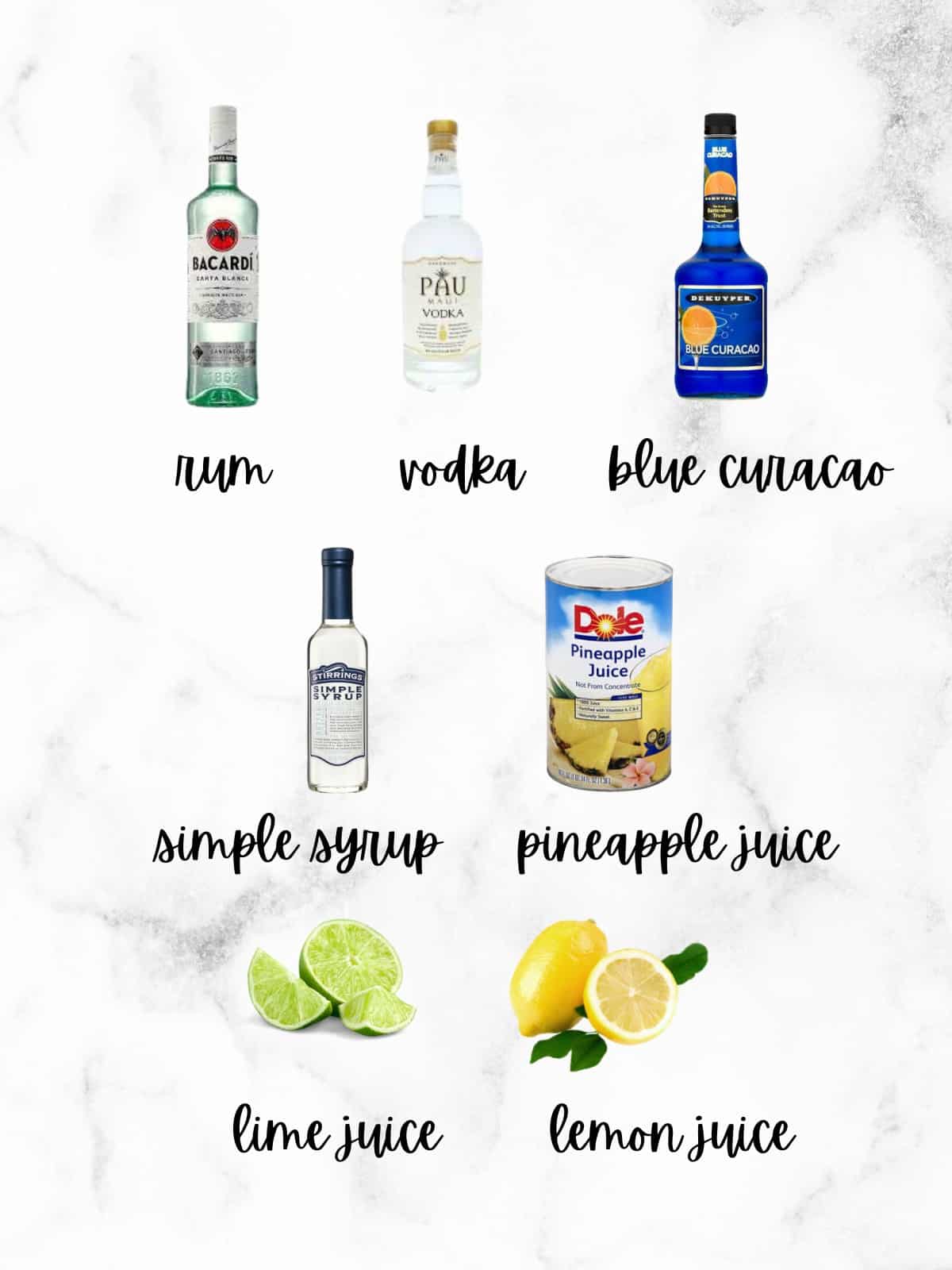 ingredients for the blue hawaii cocktail