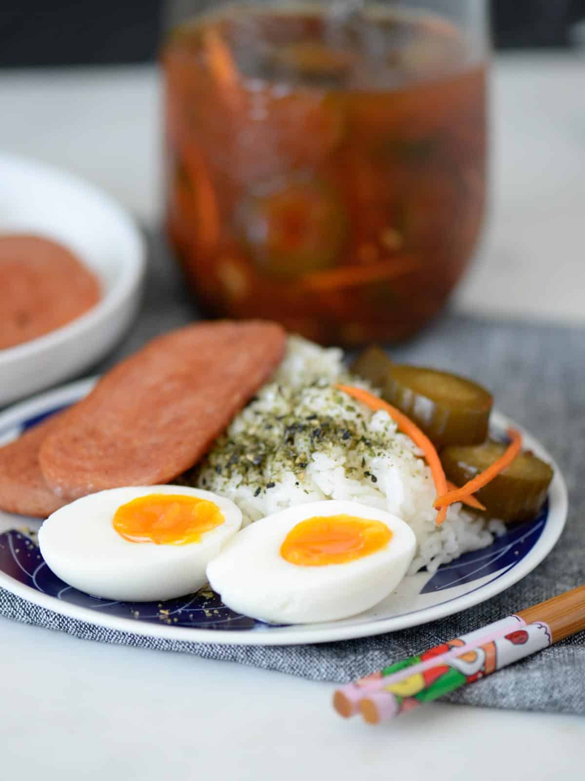 eggs with rice, spam, and furikake