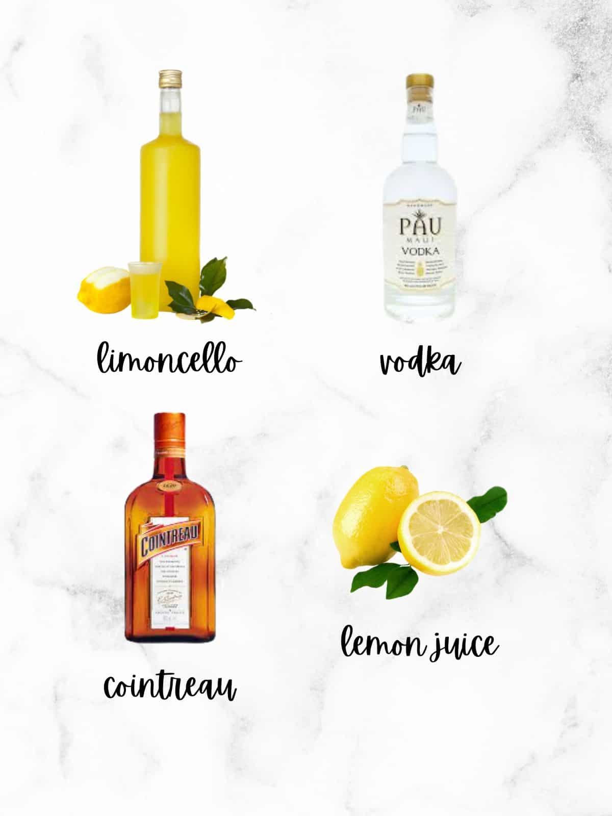 Ingredients for making a lemon drop martini with limoncello; cointreau, vodka, limoncello, and fresh lemon juice.