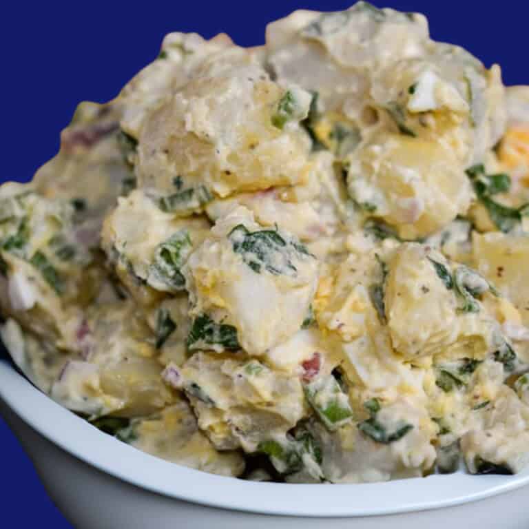 potato salad in a white bowl