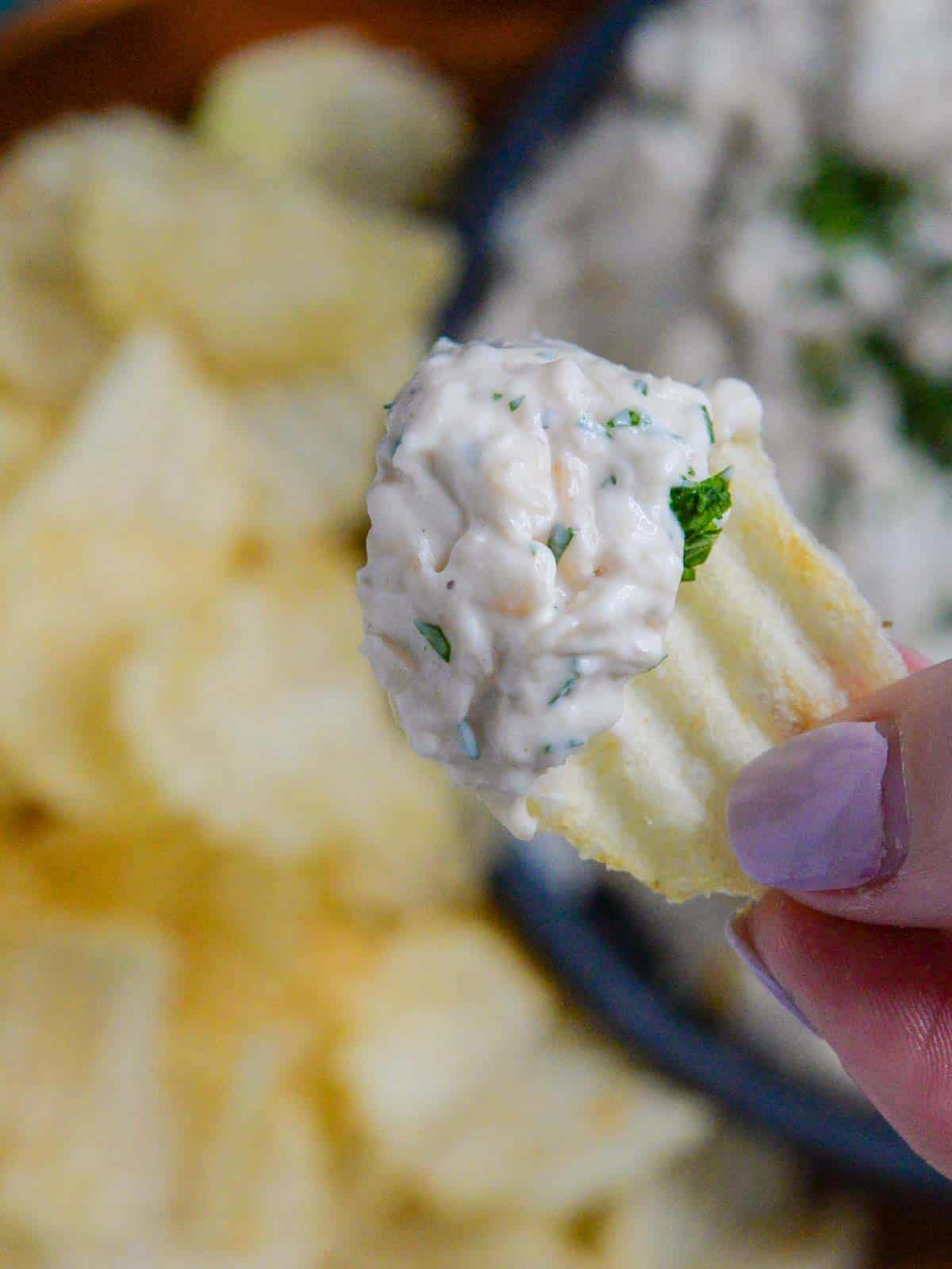 creamy homemade onion dip on a chip close up