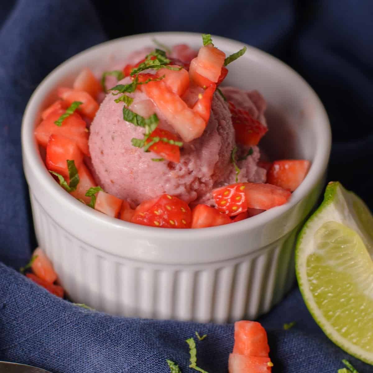 strawberry nice cream in a white bowl