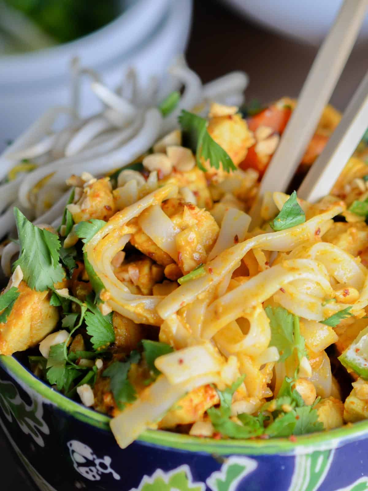 thai noodles bowls with curry sauce, and curry chicken