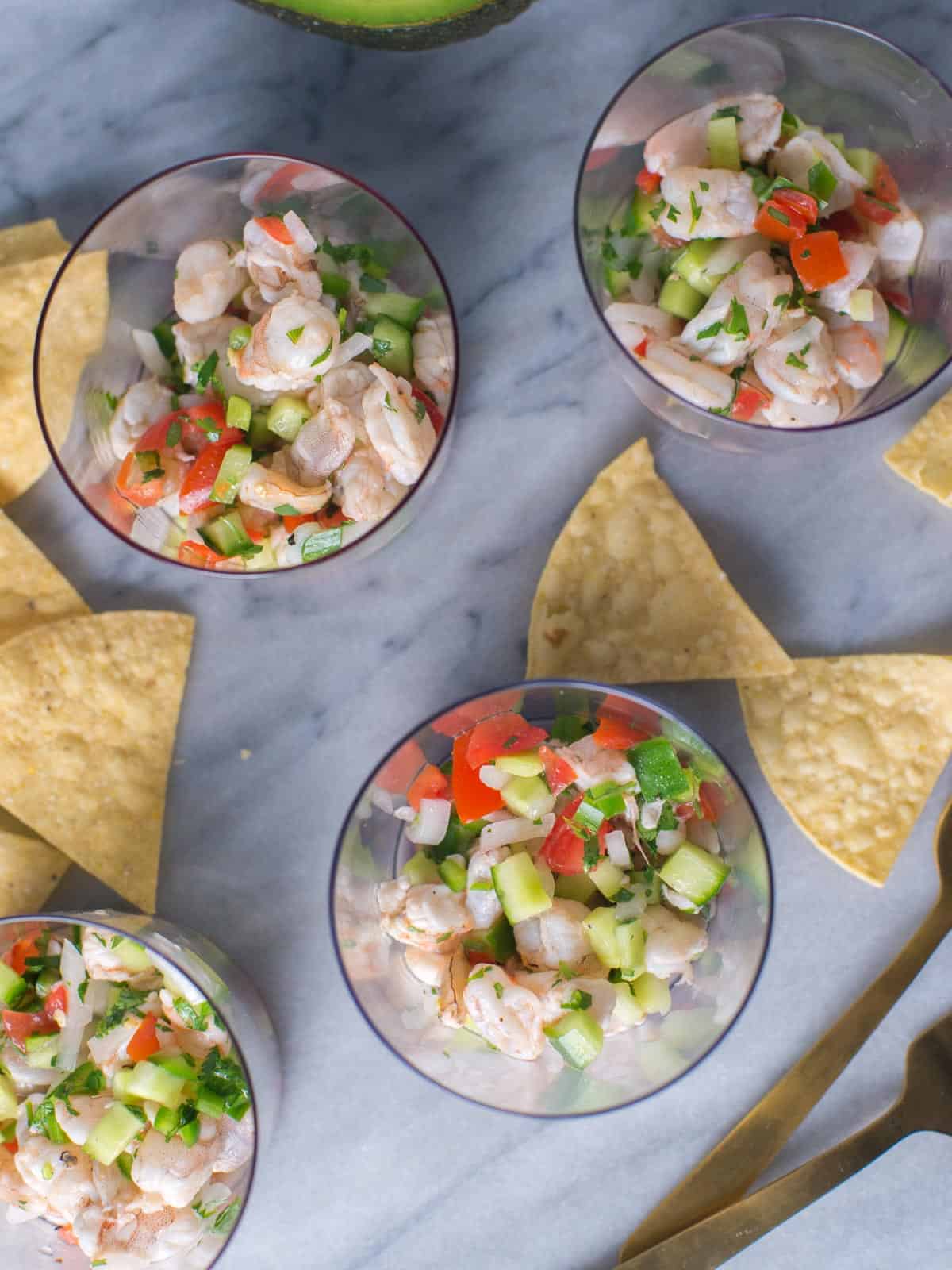 fresh shrimp ceviche served with tortilla chips