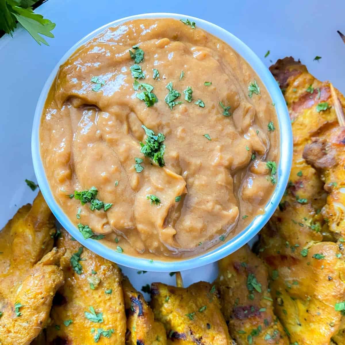 peanut sauce with skewered satay chicken on a white plate