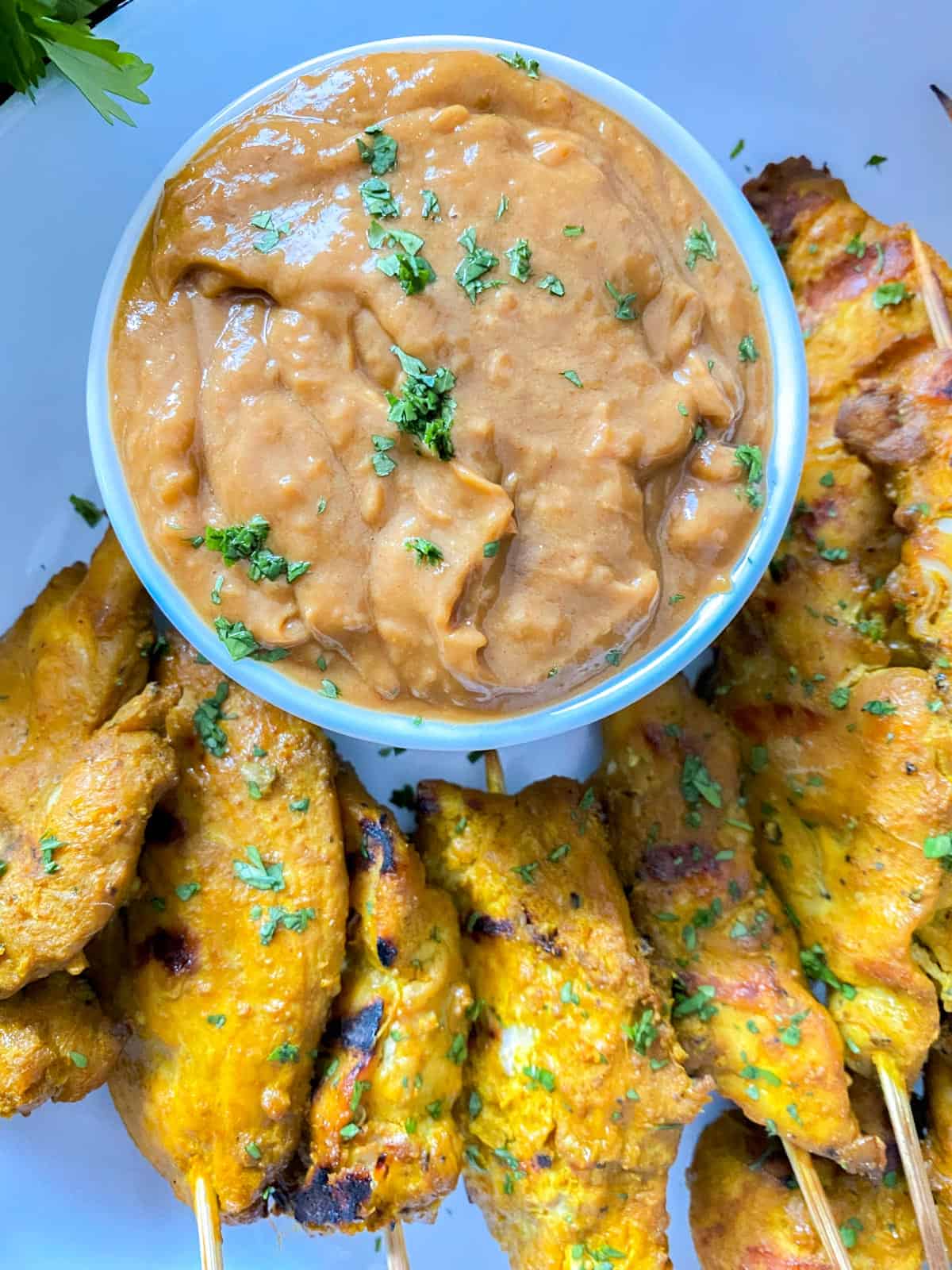 peanut sauce with skewered satay chicken on a white plate