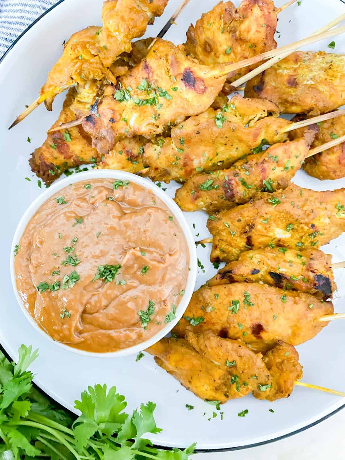chicken satay appetizer served with a side of peanut sauce