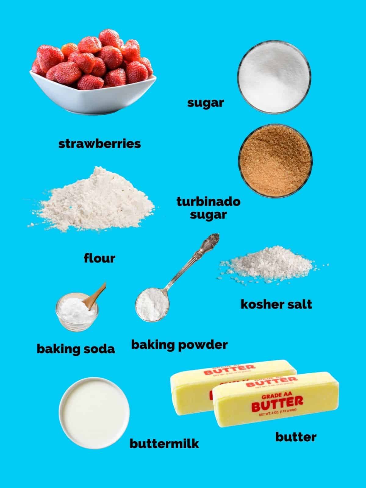 Ingredients needed to make strawberry shortcakes and shortcake biscuits.  