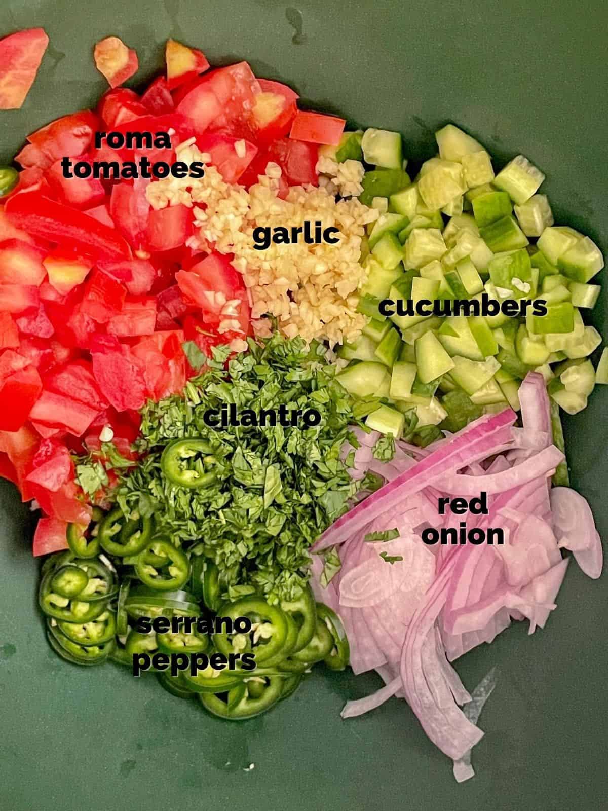 tomatoes, garlic, cilantro, cucumbers, red onion, and serranos chopped in a bowl.