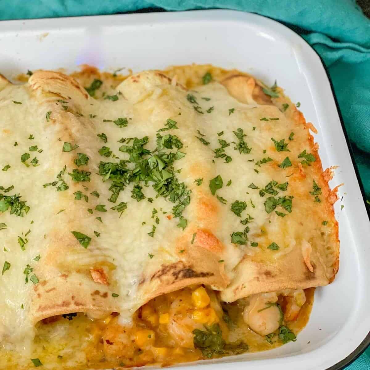 freshly baked shrimp enchilads with a creamy chili verde enchilads sauce